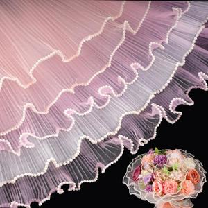 3 Pack Pearl Edge Bouquet Packaging Papers, Korean Flower Wrapping Mesh Paper Floral Net Yarn Wrinkle Waves Paper for Wedding Anniversary Birthday Florist Supplies 4.37 Yards (White Pink Lightpink)