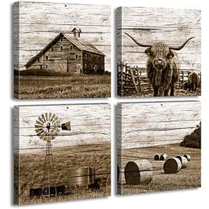 DJSYLIFE Western Decor Farmhouse Wall Decor Highland Cow Wall Art Rustic Painting Poster for Men's Bedroom Office Canvas Printed Poster Home Decoration Artwork 12" Wx12 Hx4