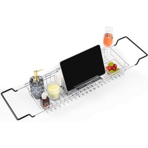 TAILI Bathtub Tray Table for Luxury Bath, Expandable Extra Wide Bthtub Caddy with Reading Holder, 304 Stainless Steel Over The Tub Bath Tray for Bathroom Accessories (Silver)