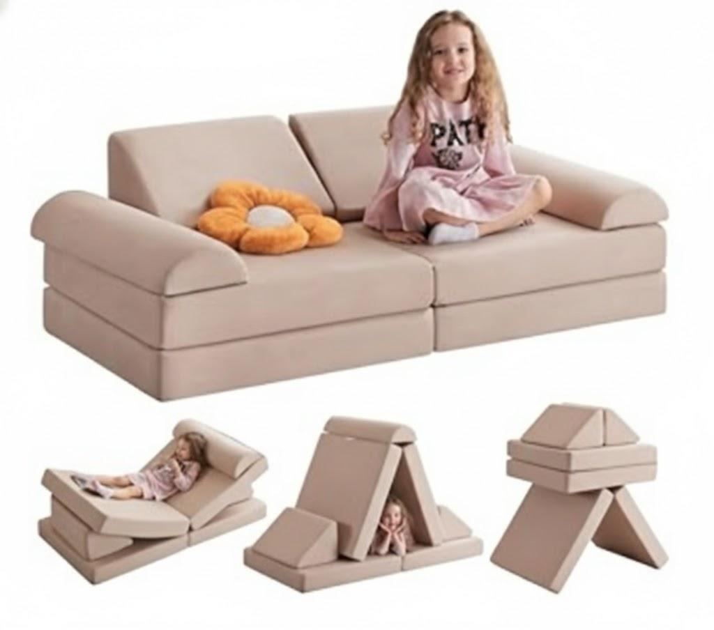 Erigiak Kids Couch Play Couch Large, Miss Fabric Modular Foam Floor Sofa Soft Play Equipment, Convertible Sofa Bed and Playhouse (Dark Grey)