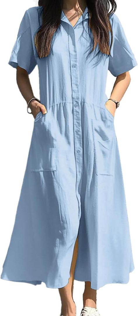 chouyatou Women's Summer Short Sleeve Button Down Shirt Dress A-Line Flared Maxi Long Beach Casual Dress Small