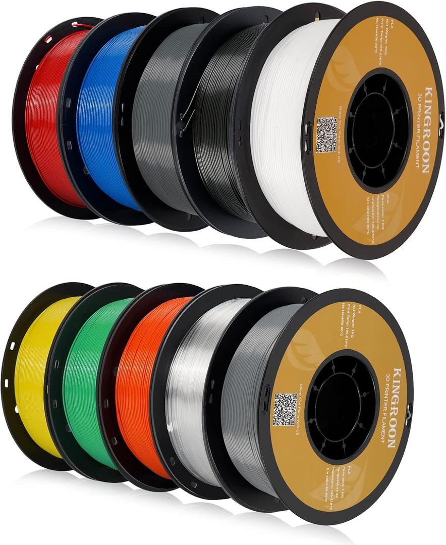 Kingroon PLA 3D Printer Filament, 10 Rolls, Dimensional Accuracy +/- 0.02 mm, 1kg Spool(2.2lbs), 1.75 mm10KG Ten Colors Black White Grey Red Blue Green Orange Transparent Silver Yellow