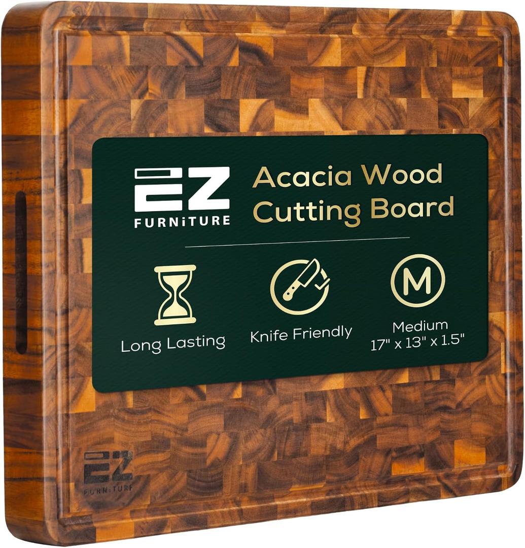 17 x 13 Inch Acacia Wood Cutting Board, End Grain with Juice Groove and Handles, Knife Friendly, Reversible, Suitable for Chopping Meat, Vegetables, Aesthetics for The Kitchen
