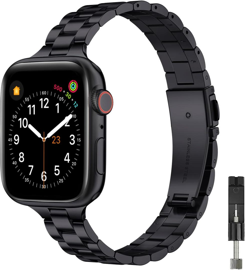 Thin Band Compatible with Apple Watch 38mm 40mm 41mm 42mm, Premium Stainless Steel Metal Replacement Adjustable Wristband Strap for iWatch Series 10 Women Men (Black)