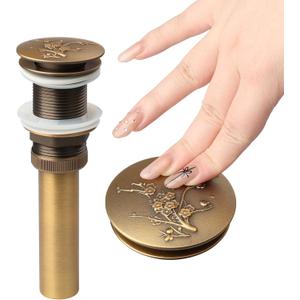 Pop-Up Sink Drain - Antique Brass Bathroom Basin Stopper with Engraved Floral Design, Quick Drainage & Removable Strainer (Solid Brass Press and Bounce Mechanism)