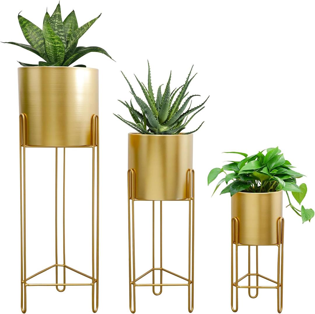 TRIROCKS Set of 3 Large Planters with Stand Gold Planter for Indoor Plants 29 &22 &12" Tall Morden Metal Plant Pots for Living Room Corner Kitchen Office Garden Balcony Patio Decor