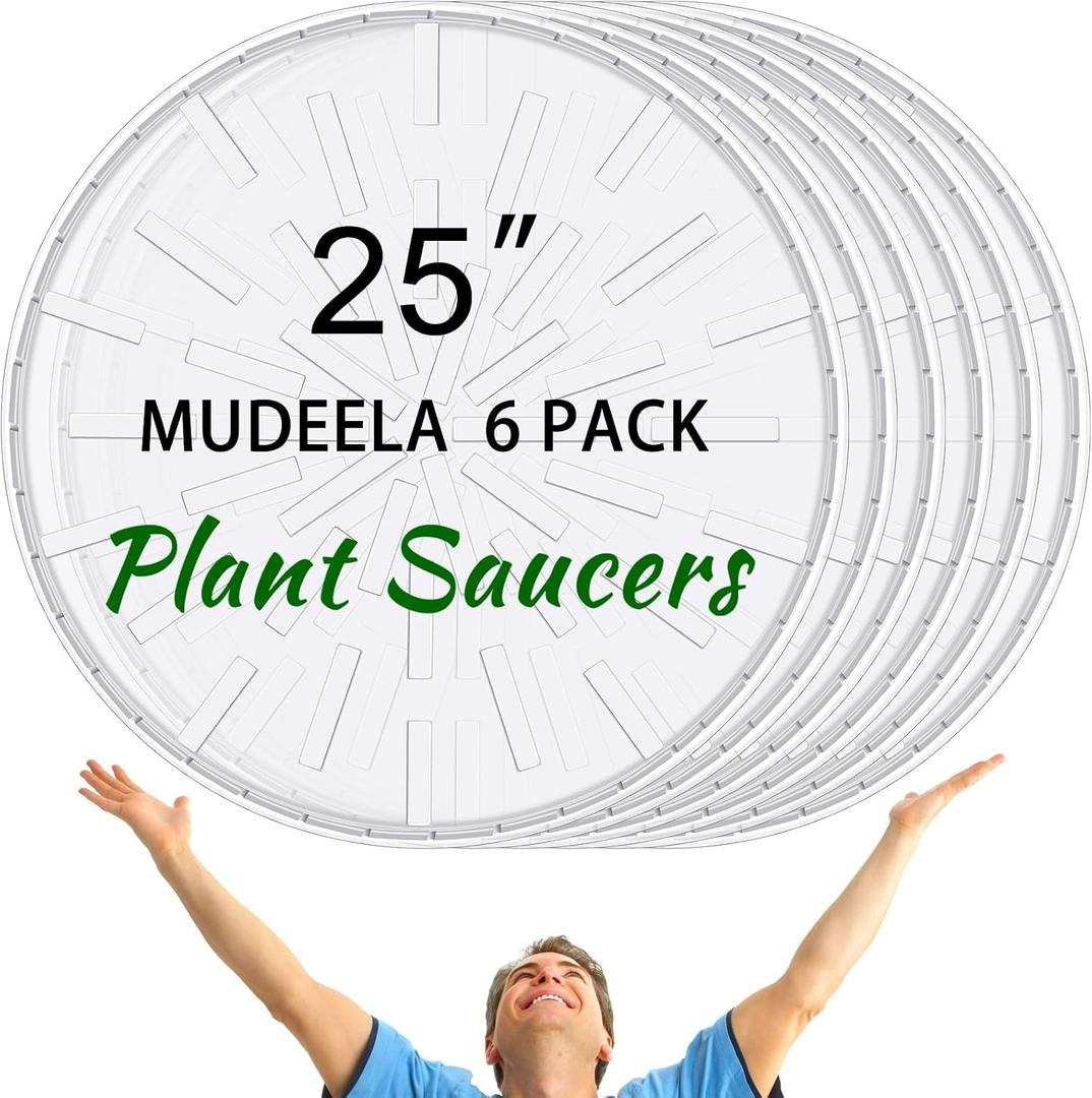 DoubleFill 6 Pcs 25 Inch Plant Saucer Large Clear Plastic Flower Plant Trays Heavy Duty Round Water Catcher for Pots Indoors Outdoor Garden