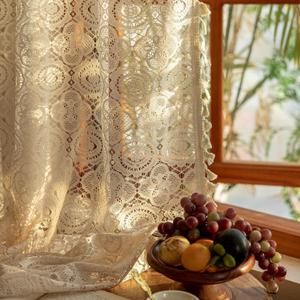YJ YANJUN Boho Crochet Curtains with Tassel 63 Inch Length 2 Panel Sets Vintage Floral Pattern Lace Sheer Drapes Rod Pocket Privacy Cottage Curtains for Bedroom Living Room Bay Window W59 x L63 Beige