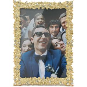 MIMOSA MOMENTS Brass Jewel Picture Frame with Rhinestones, Tabelop Photo Frame Display Horizontal or Vertical 4x6 Inch Photo, Desktop Wedding Anniversary Birthday Gifts for Grandma Mom Couple