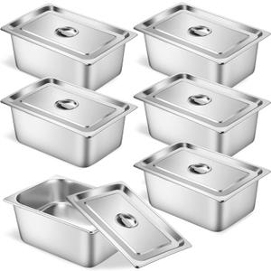 6 Set Stainless Steel Hotel Pans Full Size 6 Inch Deep With Lids, Anti-Jam Chafing Steam Table Pans, Catering Food Storage Metal Pan