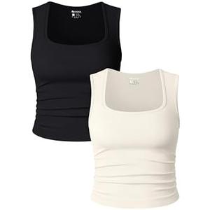 OQQ Womens 2 Piece Crop Tops Rueched Sleeveless Square Neck Stretch Basic Tank Shirts Medium, Black/Beige  OQQ Womens 2 Piece Crop Tops Rueched Sleeveless Square Neck Stretch Basic Tank Shirts Medium, Black/Beige