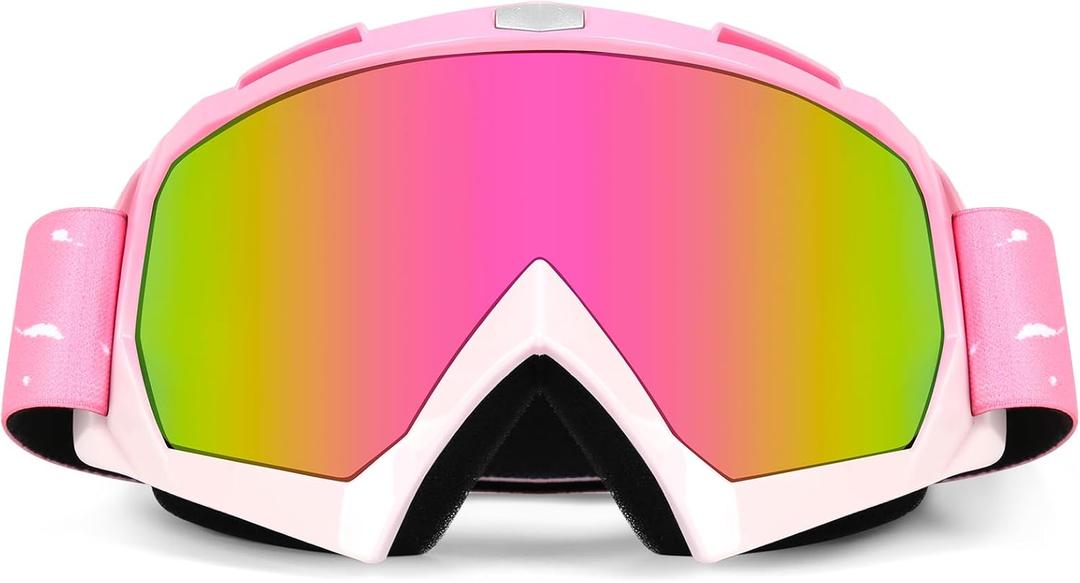 Motorcycle Goggles, Dirt Bike ATV Riding Off-Road Ski Goggles UV Anti-Fog Windproof Dustproof for Men & Women (Pink/Colorful Lens)
