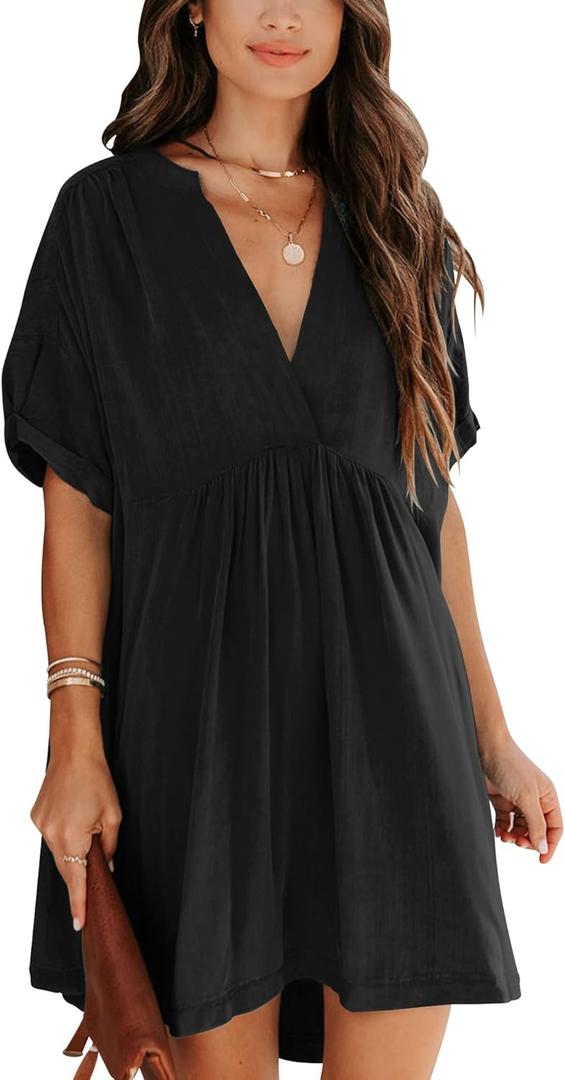Minclouse Women's Babydoll Short Sleeve Tunic Dress V Neck Cute Casual Loose Dresses (Black, S)