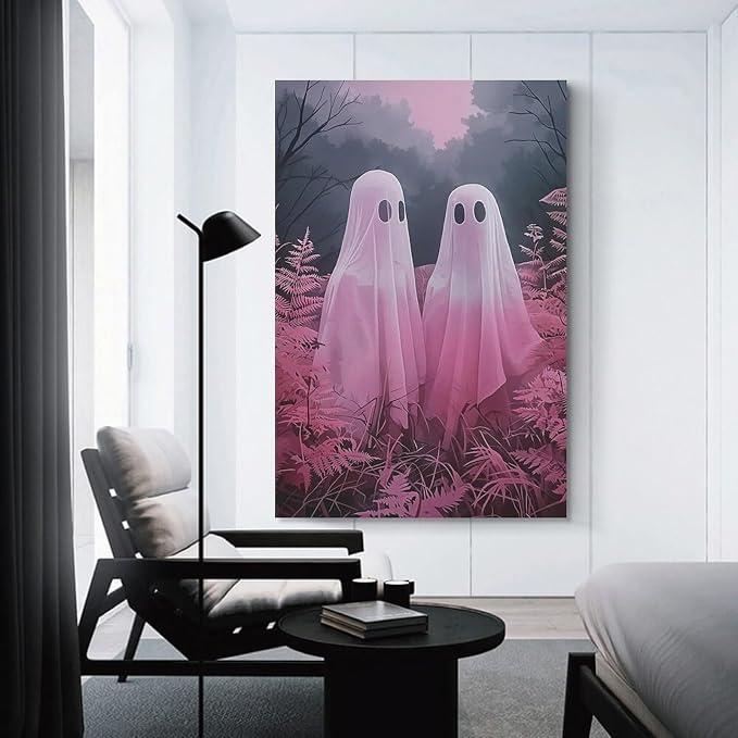 Vintage Ghost Canvas Painting Two Pink Ghosts Partying in The Forest Girls Room Wall Art Decoration Halloween Decoration Poster Artwork Picture Printing Home Poster Decoration 16x24inch(40x60cm)