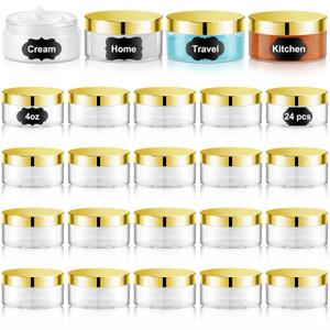 Dandat 24 Pcs 4 oz Plastic Jar Container with Lid and Label Refillable Empty Round Clear with Gold PET Cosmetic Sample Slime Containers for Lotion, Cream, Ointments, Body Butter, Makeup Travel Storage