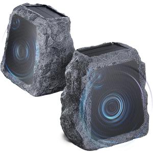 BlitzRock Outdoor Rock Speaker 80W Total Power, Solar-Powered Wireless, Auto-Pairing, Connects Up to 100+ Speakers, IPX7 Waterproof, 24H Playtime, Garden Patio Party Pool - 2 Pack