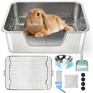 Rypet Large Rabbit Litter Box, Bunny Litter Box High Side with 304 Stainless Steel Sifting Tray, Metal Small Animal Litter Pan with Pet Food Bowl and Water Bottle, Non-Slip Easy to Clean Odor Control (S(15.8"11.8"5.9"))