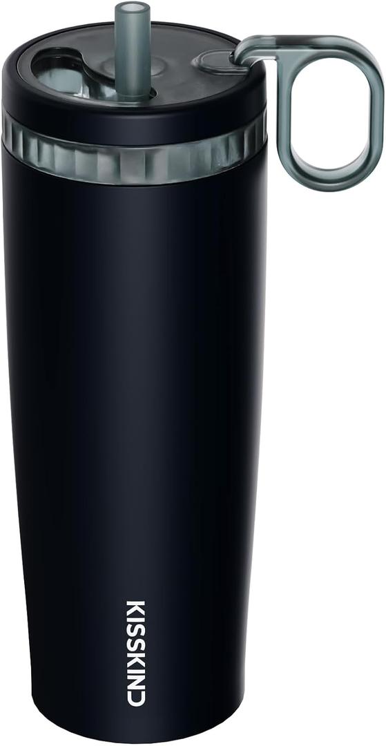 KISSKIND Iced Coffee Tumbler with Hidden Straw, 20 oz Reusable Iced Coffee Cup, Ceramic Lined Travel Mug Fits in Bags and Car Cupholders, 100% Leakproof Cold Brew Cup, No Spill, Midnight Espresso