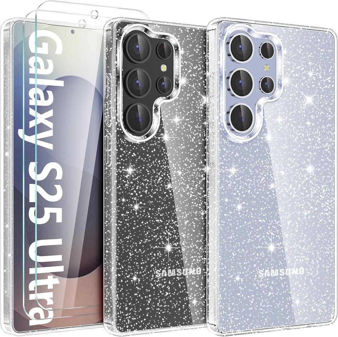 KSWOUS Clear Gliter Case for Samsung Galaxy S25 Ultra Case with Screen Protector[2 Pack], Cute Bling Sparkle Soft TPU Shockproof Phone Cover for Women Girls (Glitter)