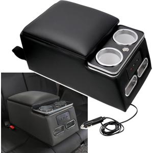 Sporacingrts Black Universal Truck Seat/Bench Organizer with LED Light, USB Port, Cup Holders, Armrest, Padded Top Lid - Ideal for Business Upgrade Center Console Organizerand
