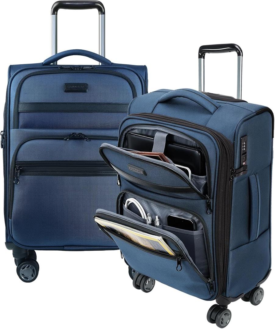 KROSER Softside Expandable Carry On Luggage with Front Business Pockets20 Inch Suitcases with Spinner Wheels & Built-in TSA Lock, Durable Suitcase Rolling Luggage with USB Port, Haze Blue