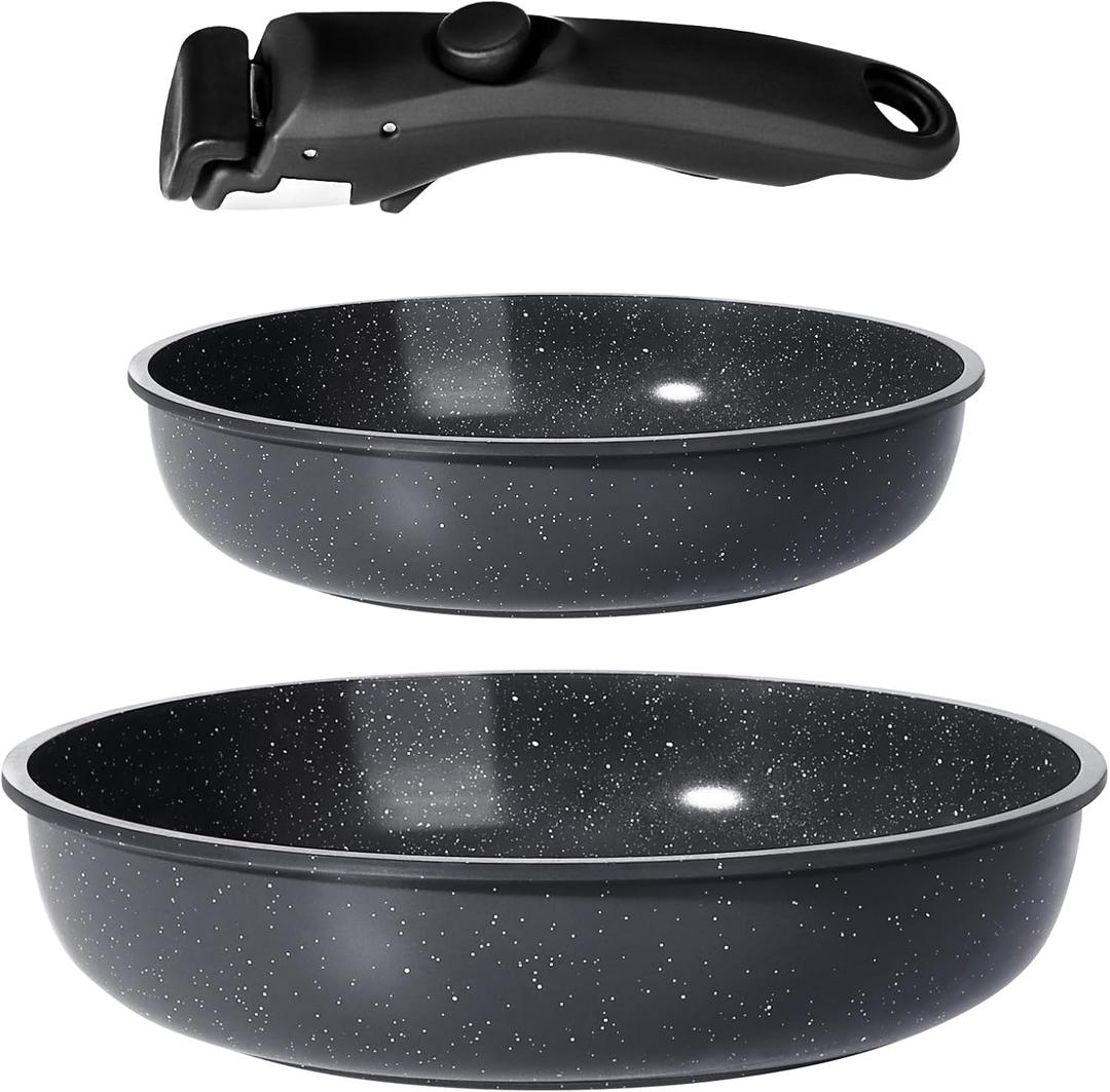 GiPP Ceramic Non Stick Frying Pans Set Removable Handle, Dishwasher & Oven Safe Nonstick Skillets with Detachable Handle, Healthy Cooking Compatible with All Stovetops, PFOA Free, RV Cookware set (Dark Gray)