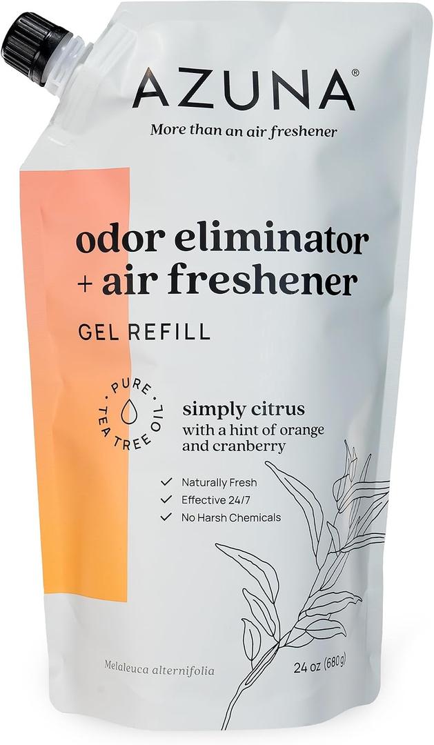 Azuna Air Freshener and Odor Eliminator for Strong Odor Gel 24oz Refill Pouch with Tea Tree Oil | Plant-Based & Long Lasting | Pet, Smoke, Home and Bathroom | Simply Citrus | Lasts 6090 Days
