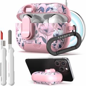 TATOFY for AirPod Pro 1st & 2nd Gen Case with Phone Stand Lock Carabiner Cleaning Kit, Floral AirPods Pro Hard Shell Dustproof Cover for Women, MagSafe Compatible (Pink 2, AirPods Pro & Pro 2)