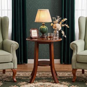 LITTLE TREE Round End Table,2-Tier Solid Wood Side Table,Small Accent Table