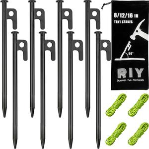 8 Pack Tent Stakes Heavy Duty Metal Tent Pegs for Camping Steel Tent Stakes 8 inch Unbreakable and Inflexible-0.36 Dia (8 IN-0.36 DIA)