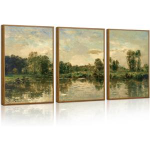 Tinonedraw Vintage Landscape Framed Canvas Wall Art Set of 3, French Country Art Prints, Nature Green Trees and Lake Art Paintings, Rustic Aesthetic Wall Decor for Living Room Bedroom Office 16"x24"x3
