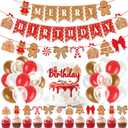 Red Christmas Birthday Party Decorations, Cute Gingerbread Man Theme Merry Birthday Banner Cake Topper Red White Snowflake Balloons for Gingerbread Christmas Decorations Holiday Xmas Party Supplies