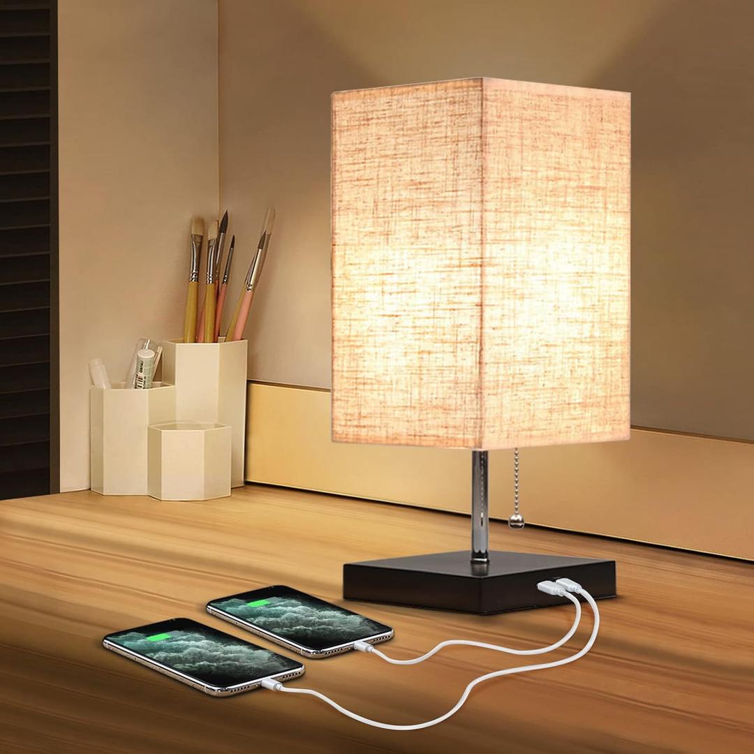 Siljoy Modern Bedside Table Lamp with 2 USB Charging Ports, Nightstand Lamp with Pull Chain Switch, Table Desk Lamp with Black Wooden Base & Flaxen Fabric Lampshade for Living Room Bedroom Dorm Office