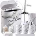 Bathroom Accessories Set, 9-Piece Marble White Bathroom Set, White Bathroom Accessories with Slim Trash Can, Soap Dispenser, Toilet Brush, Toothbrush Set, Qtip Holders
