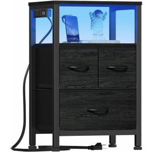 Furnulem Black Nightstand with Wood Shelf, Bed Side Table with Led Light and Charging Station, 25.8 Inch End Table with 3 Fabric Storage Drawers, Small Night Stand for Bedroom Furniture