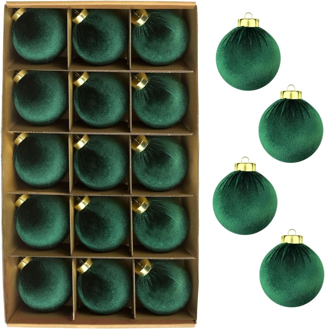 Green Velvet Balls Ornaments for Christmas Tree 15 PCS, 3.15 Inch Big Shatterproof Christmas Bulbs Ornaments Set-Decorative Hanging Baubles, Flocked Classic Decorations for Holiday(Emerald Green)