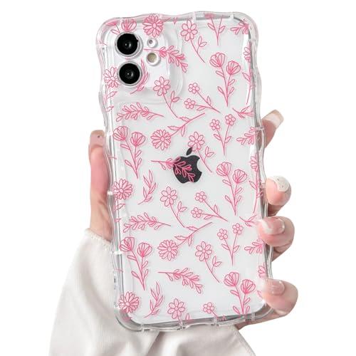 NITITOP Compatible with iPhone 12 Case Curly Clear Cute Floral Flower Leaves Design for Women Girls Artistic Wavy Frame Soft TPU Shockproof Protective Full Camera Protection Cover - Dark Pink