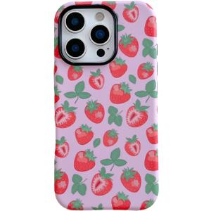 Cute Strawberry Phone Case Compatible with iPhone 15 Pro,Aesthetic Trendy Unique Summer Fresh Fruit Design Pretty Chic Hybrid 2-Layer Protective Girly Cover for iPhone 15pro 6.1inch