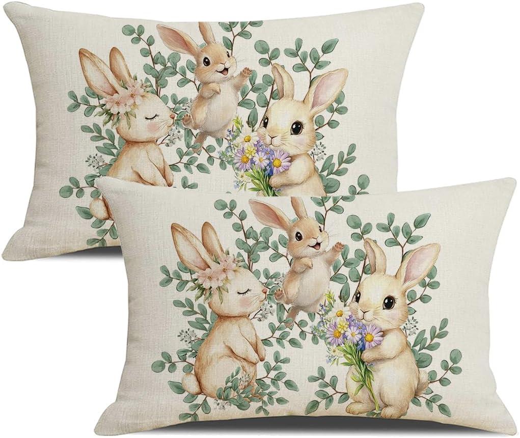 Easter Pillow Covers 12x20 inch Set of 2 Eucalyptus Leaves Rabbit Floral Decorative Throw Pillow Covers Bunny Cushion Case Easter Decoration for Sofa Couch Bedroom