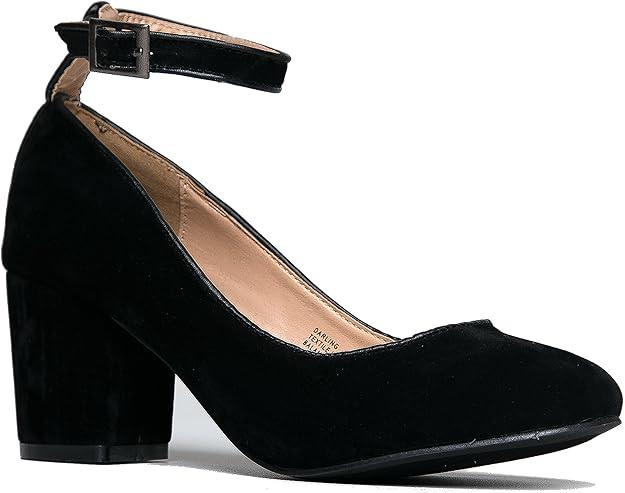 J. Adams Ankle Strap Pump Heel -Comfortable Round Toe Dress Block Shoe - Darling, Black Suede, 6 