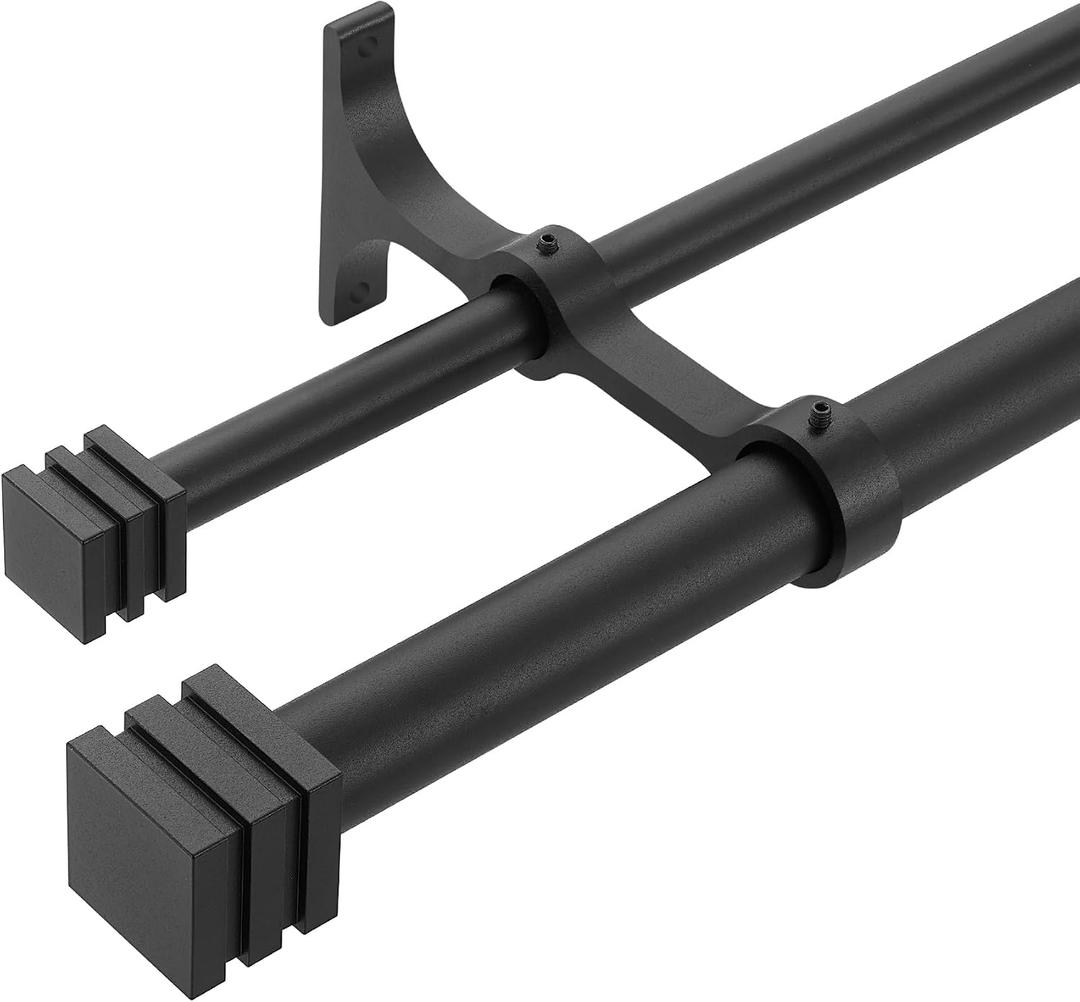 Double Curtain Rods with Aluminum Full Surround Brackets and Cube Box Finials,Matte Black Curtain Rods for Windows 72 to 144 inch,1'' Front and 5/8''Back Adjustable Double Drapery Rods