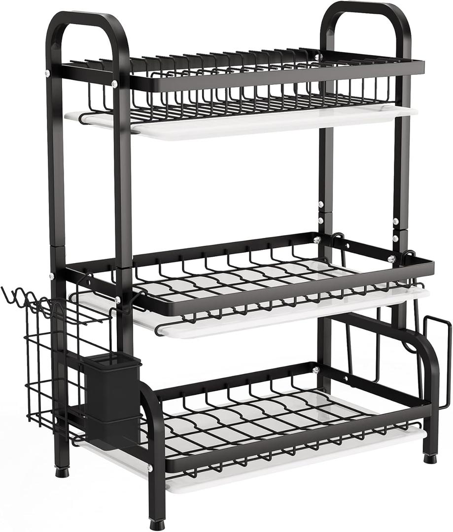 1Easylife Drying Rack, Metal 3-Tier Large Capacity Dish Rack with Utensil Holder, Cutting Board Holder, Drain Board Tray for Kitchen Counter Storage (Black)