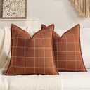Rustic Farmhouse Decor Terracotta Plaid Throw Pillow Cushion Covers 18x18 Set of 2, Boho Decor Rust Decorative Throw Pillows 18 x 18, Burnt Orange Chenille Pillow Covers For Sofa and Couch