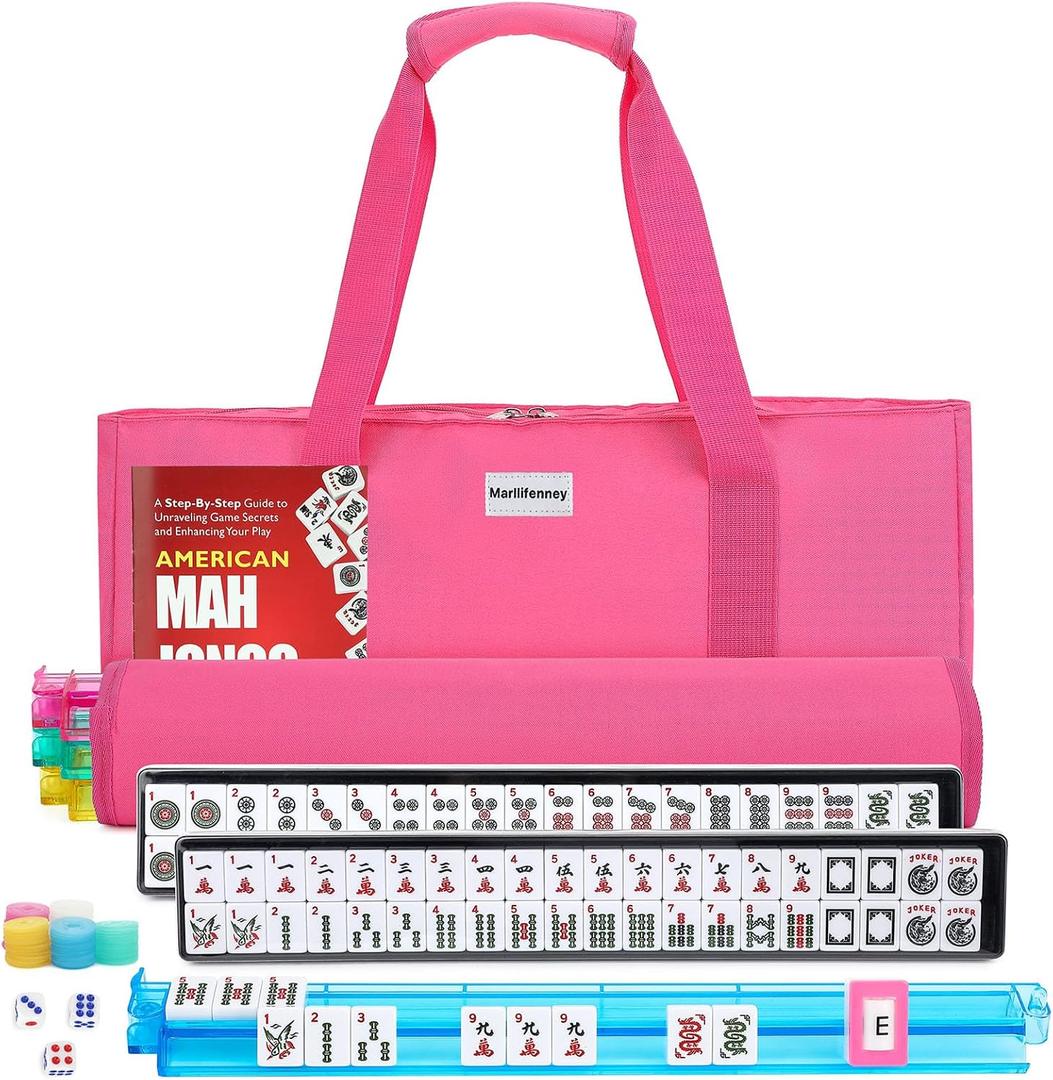 American Mahjong Tile Set,166 White Tiles Mahjong Set,4 Colors Mahjong Racks,Travel Mahjong Set with Pink Carrying Bag, 1.2" X 0.9" X 0.5"