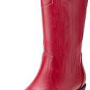 Women's Cowboy Boots Pointed Toe Western Boots Embroidered Mid-Calf Chunky Block Heel Cowgirl Boots (Red)