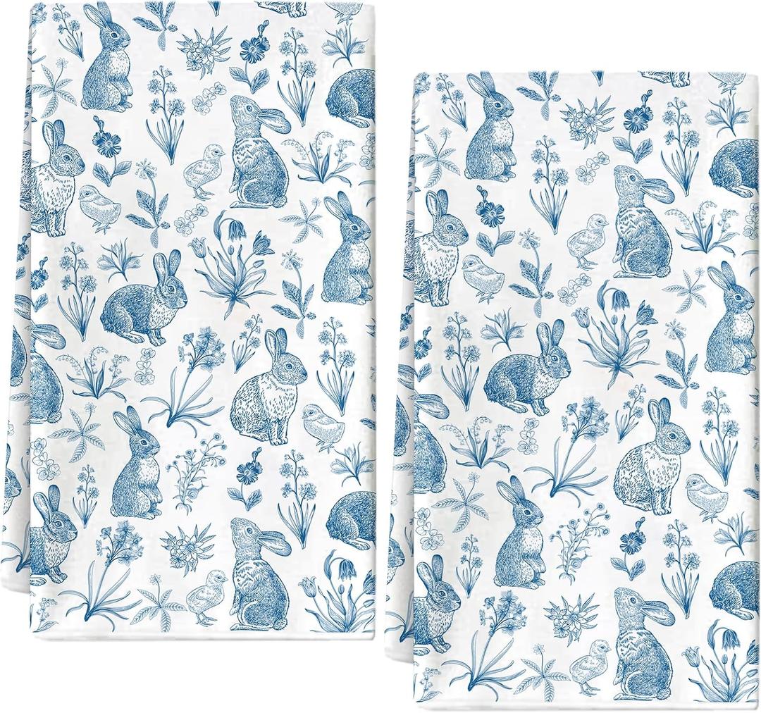 AnyDesign Easter Kitchen Towels Cotton Hand Drying Tea Towel Blue Porcelain Bunny Rabbit Floral Dish Towel Seasonal Decoration for Spring Farmhouse Home Kitchen Bathroom Decor, 2Pcs