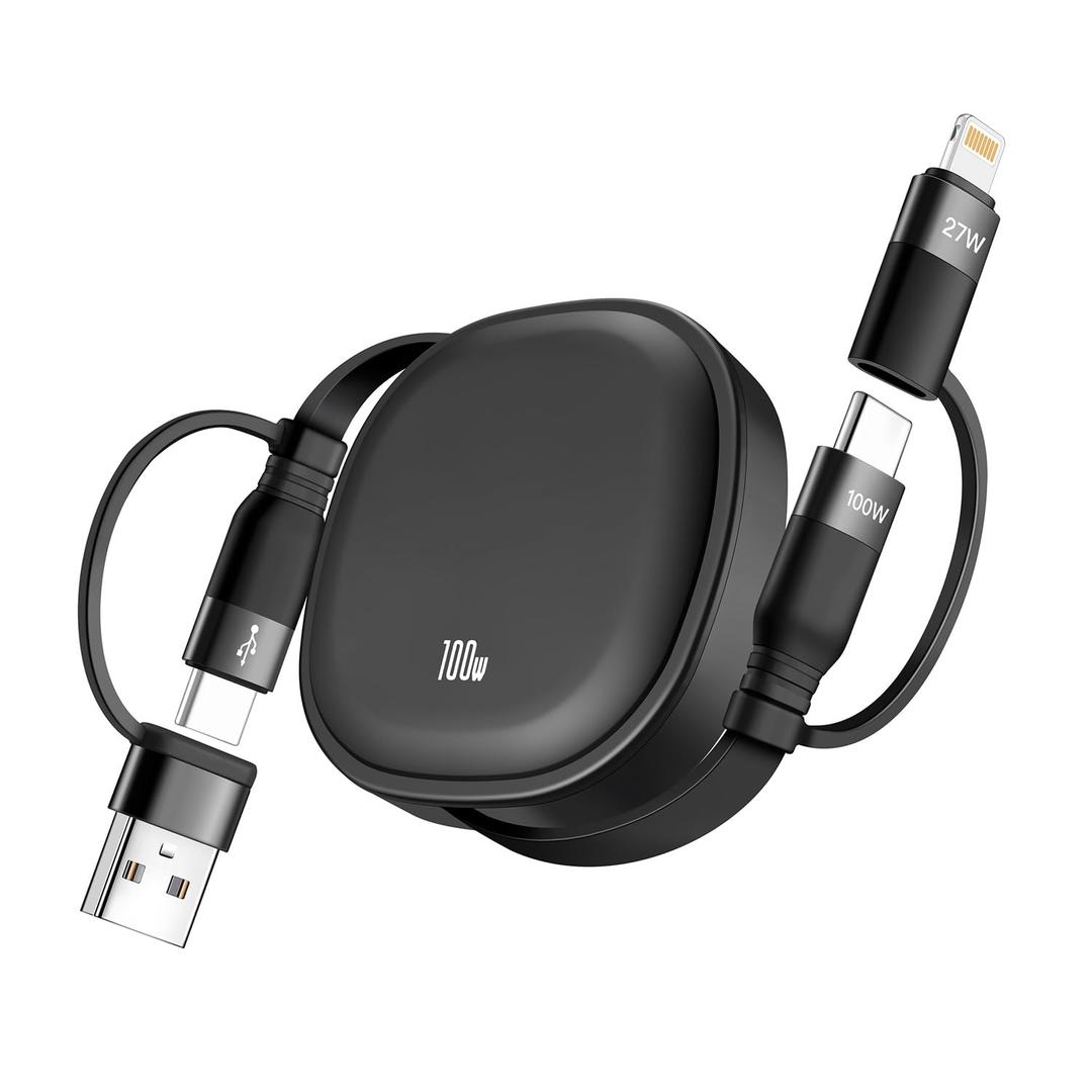 5 in 1 Retractable USB Type C Cable, 100W Multi Fast Charging Cable 5A Charging Cord USBC Charger with USB C/A to C/Lightning Travel Charger for iPhone 17 16 15 14,MacBook,iPad,Samsung S24 S23-3.86FT