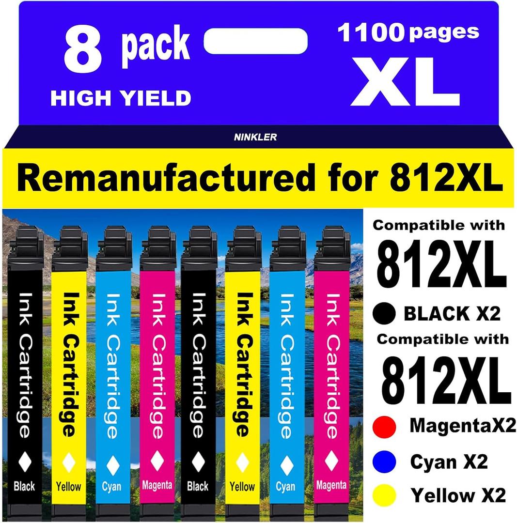 for 812XL Remanufactured for Epson 812XL Ink cartridges Combo Pack for Epson 812 T812 XL for Epson Workforce Pro WF-7840 WF-7820 WF-7310 EC-C7000 Printer 8 Pack 2 Black 2 Cyan 2 Magenta 2 Yellow
