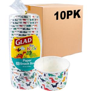 Glad for Kids Dinosaur Paper MINI Snack Bowls, Lids Not Included - Disposable Paper Cups with Dino Design for Kids, Heavy Duty Small Size, 6 Ounces, 20 Count - Pack of 10 