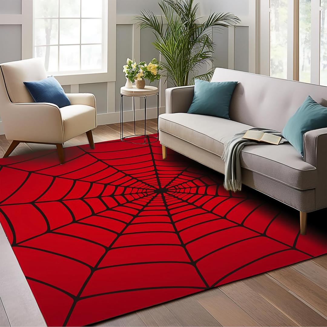 Red Spider Web Area Rug, 5x7 Indoor Washable Rugs for Living Room, Farmhouse Non-Slip Carpet for Bedroom Laundry Room Kitchen, Soft Low-Pile